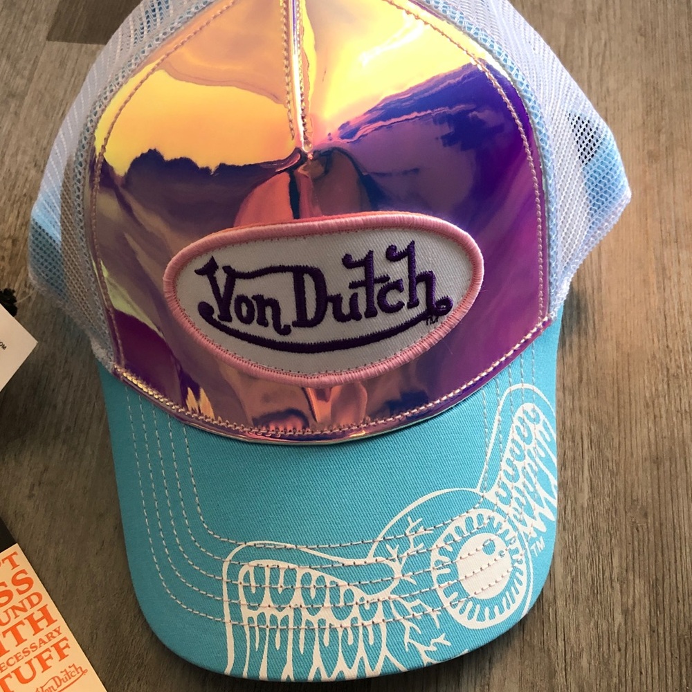 Von Dutch Purple Holographic Trucker Hat Logo Patch & Turquoise Bill OS NWT - Picture 6 of 16
